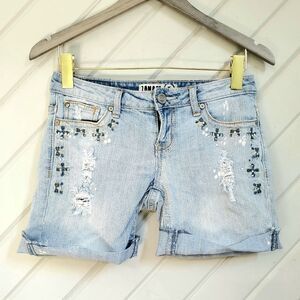 ZANADI Beaded Distressed Roll cuff Jean Shorts